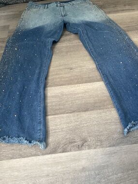 Blue Two-Tone Bootcut Jeans with Metallic Pearls